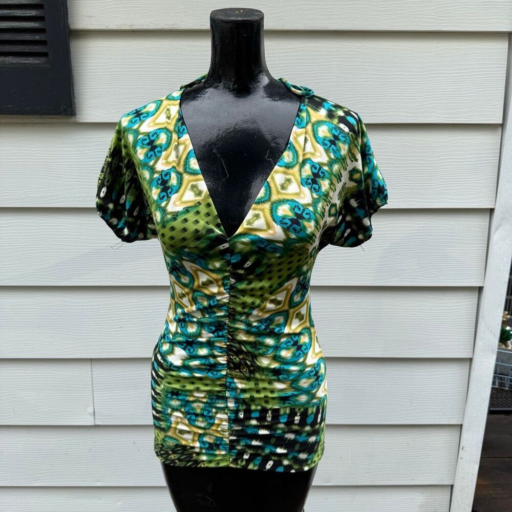 Y2K MKM Designs Abstract Ruched Halter Blouse Top
